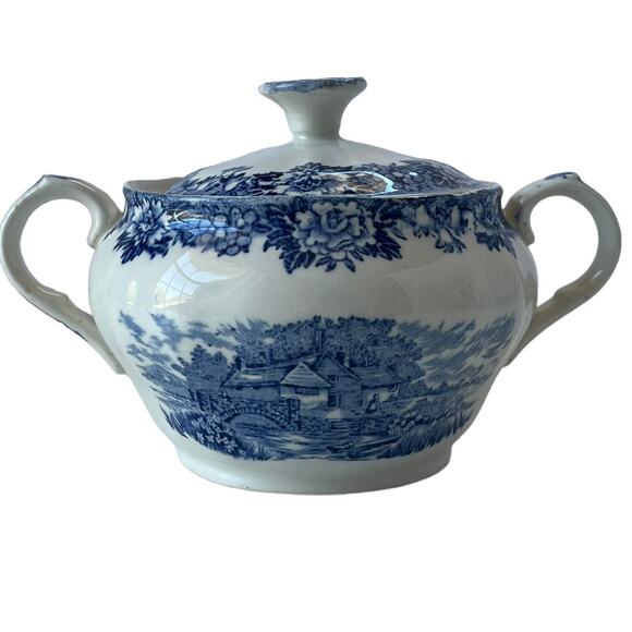 Vintage Salem China English Village Sugar Bowl & Lid Blue Olde Staffordshire - Picture 1 of 12